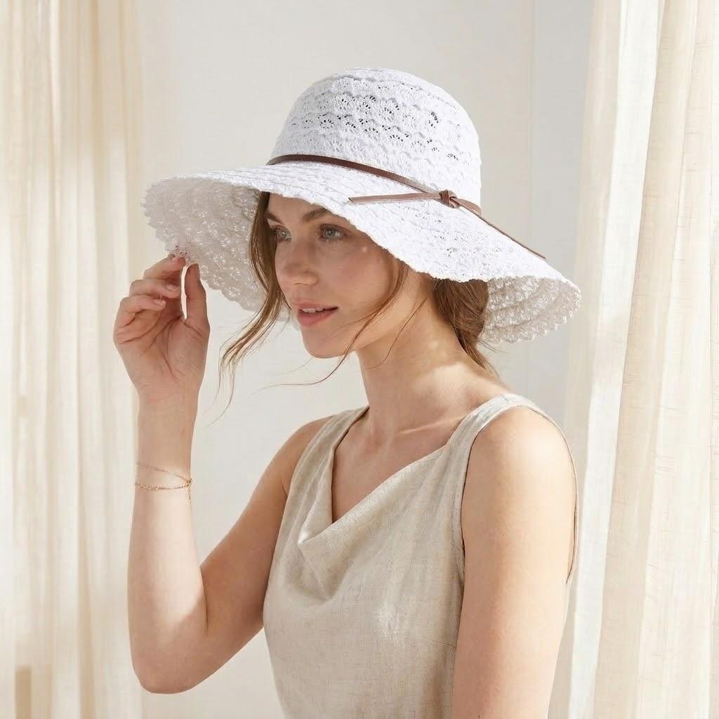 Wide Brim Crochet Sun Hat Lightweight Breathable Straw Hat with Chin Strap