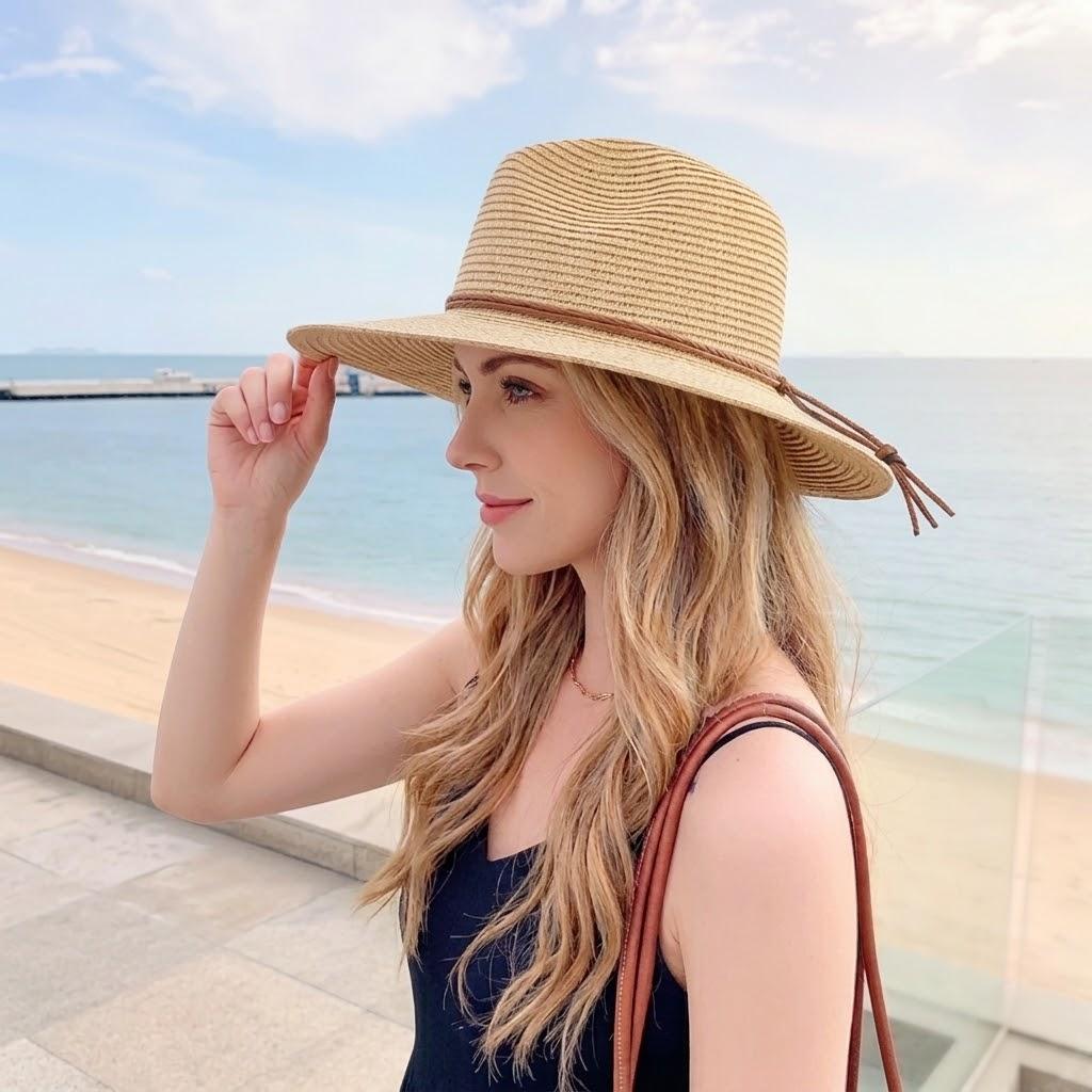 Wide Brim Straw Sun Hat Lightweight Breathable Summer Beach Hat Packable