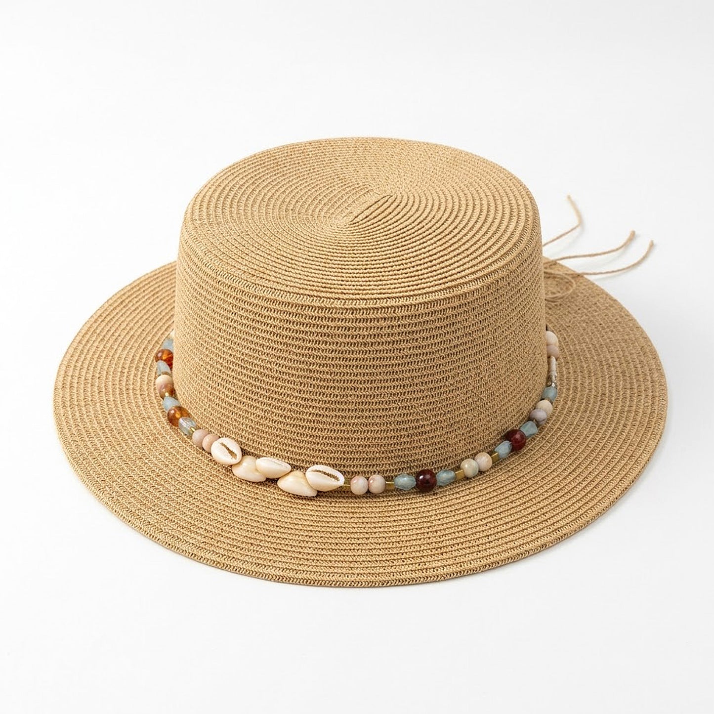 Straw Boater Hat Wide Brim Summer Sun Hat with Beaded Band Lightweight