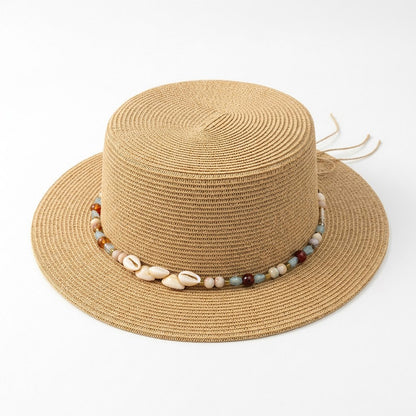 Straw Boater Hat Wide Brim Summer Sun Hat with Beaded Band Lightweight