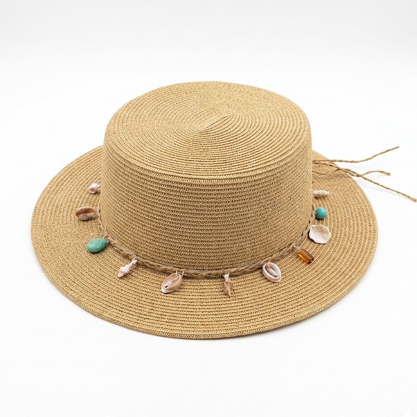 Straw Boater Hat Wide Brim Summer Sun Hat with Beaded Band Lightweight
