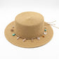 Straw Boater Hat Wide Brim Summer Sun Hat with Beaded Band Lightweight
