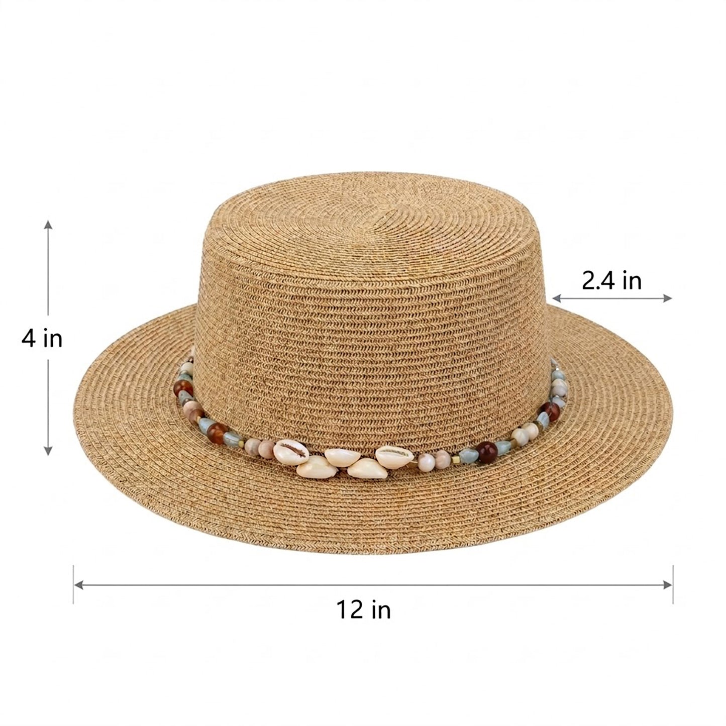 Straw Boater Hat Wide Brim Summer Sun Hat with Beaded Band Lightweight