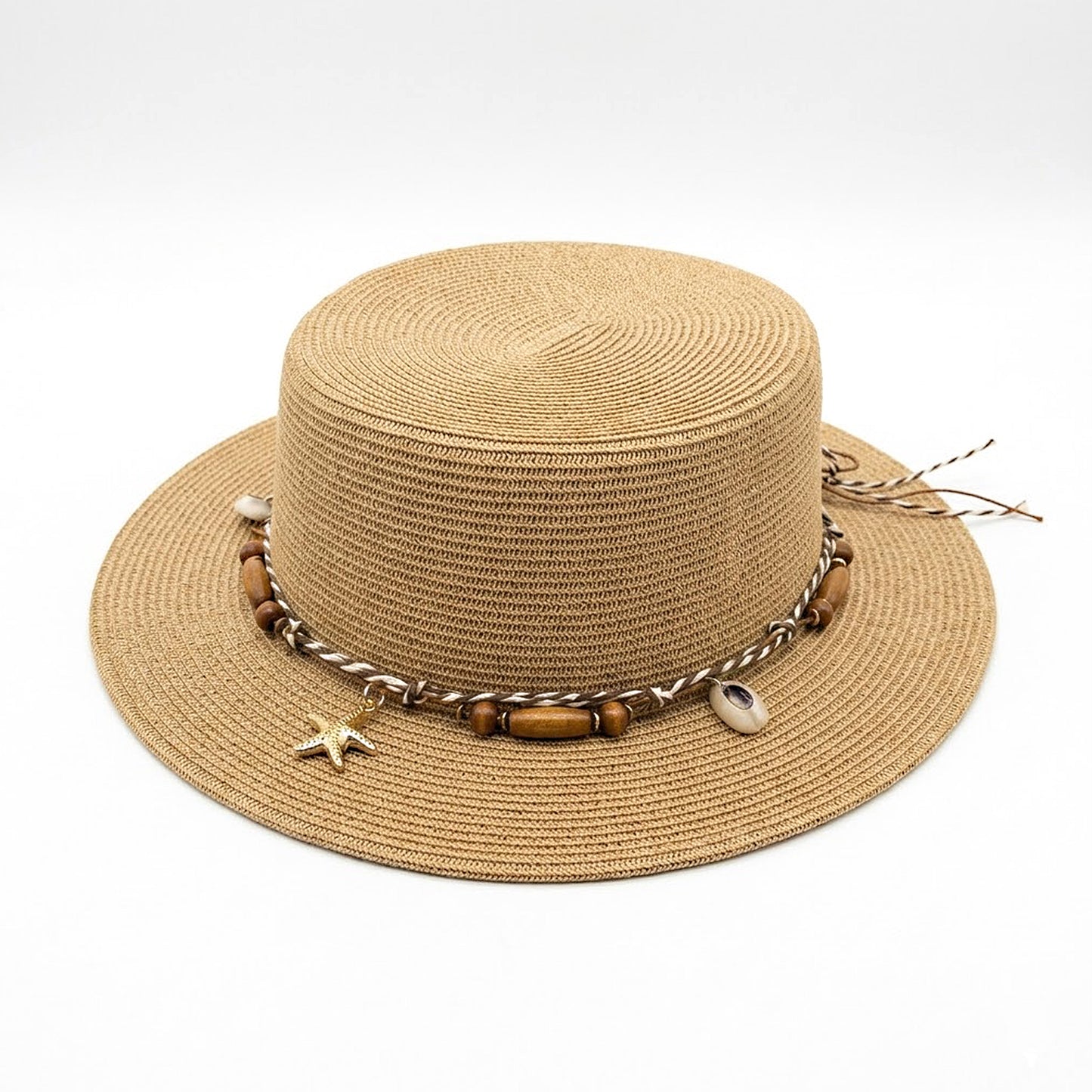 Straw Boater Hat Wide Brim Summer Sun Hat with Beaded Band Lightweight