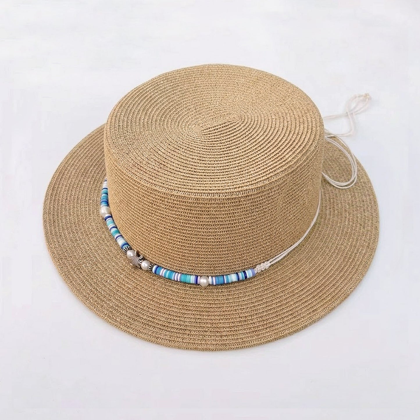 Straw Boater Hat Wide Brim Summer Sun Hat with Beaded Band Lightweight