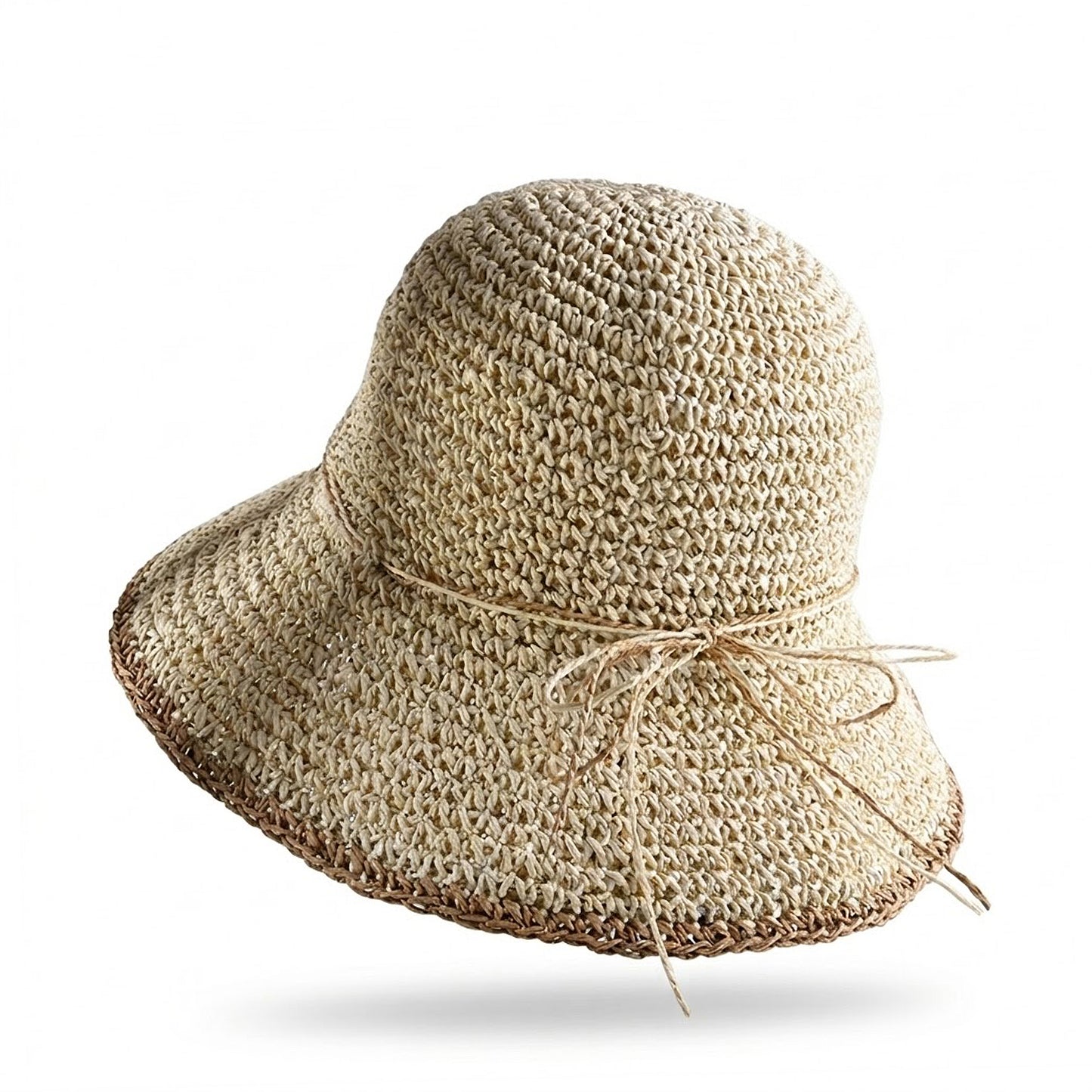 Crochet Bucket Hat Lightweight Breathable Straw Summer Hat with Tie Detail