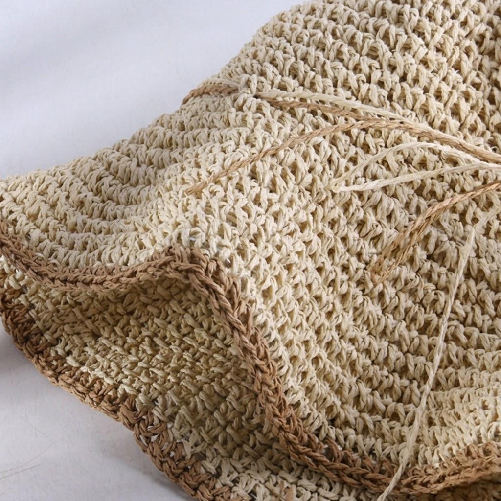 Crochet Bucket Hat Lightweight Breathable Straw Summer Hat with Tie Detail