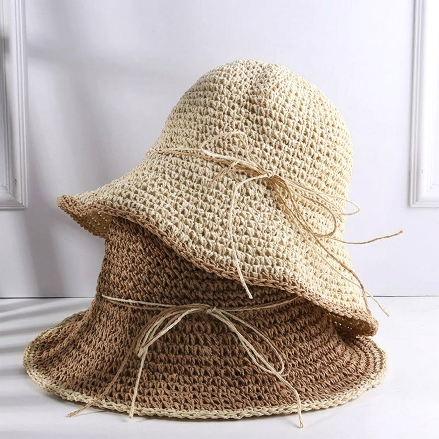 Crochet Bucket Hat Lightweight Breathable Straw Summer Hat with Tie Detail