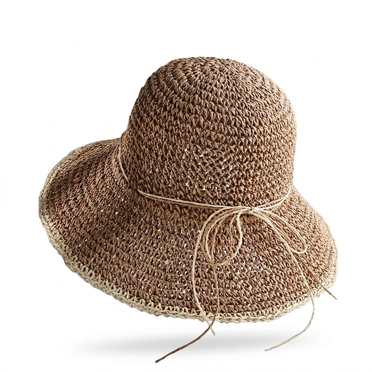 Crochet Bucket Hat Lightweight Breathable Straw Summer Hat with Tie Detail