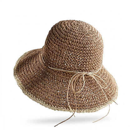Crochet Bucket Hat Lightweight Breathable Straw Summer Hat with Tie Detail