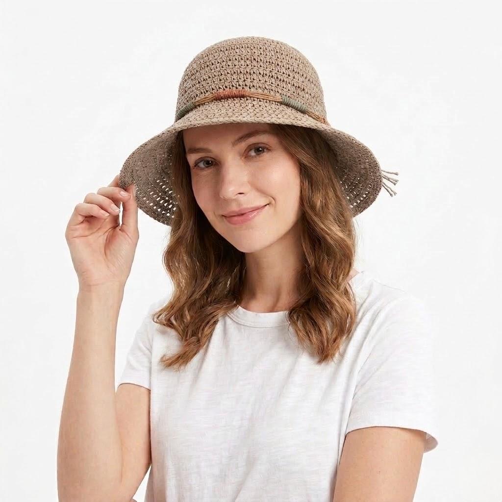 Crochet Bucket Hat Lightweight Breathable Straw Sun Hat with Woven Band