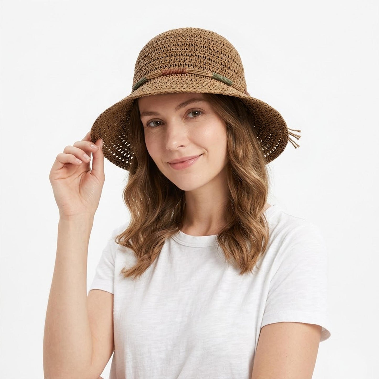 Crochet Bucket Hat Lightweight Breathable Straw Sun Hat with Woven Band
