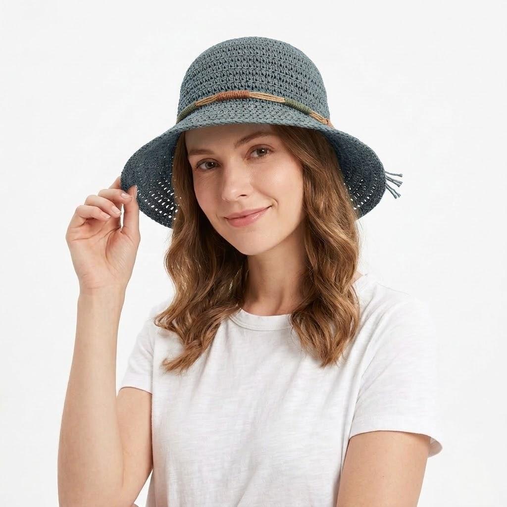 Crochet Bucket Hat Lightweight Breathable Straw Sun Hat with Woven Band