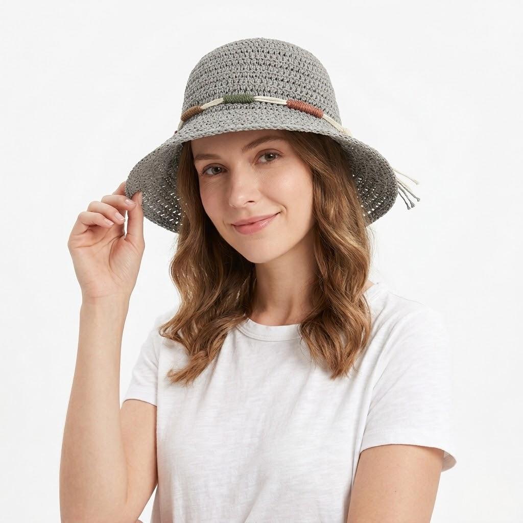 Crochet Bucket Hat Lightweight Breathable Straw Sun Hat with Woven Band