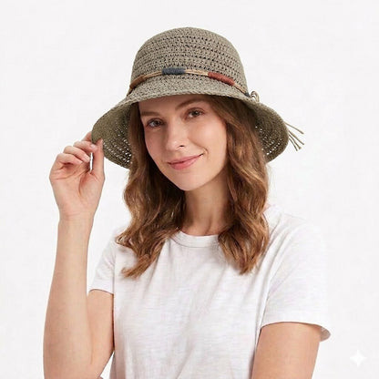 Crochet Bucket Hat Lightweight Breathable Straw Sun Hat with Woven Band