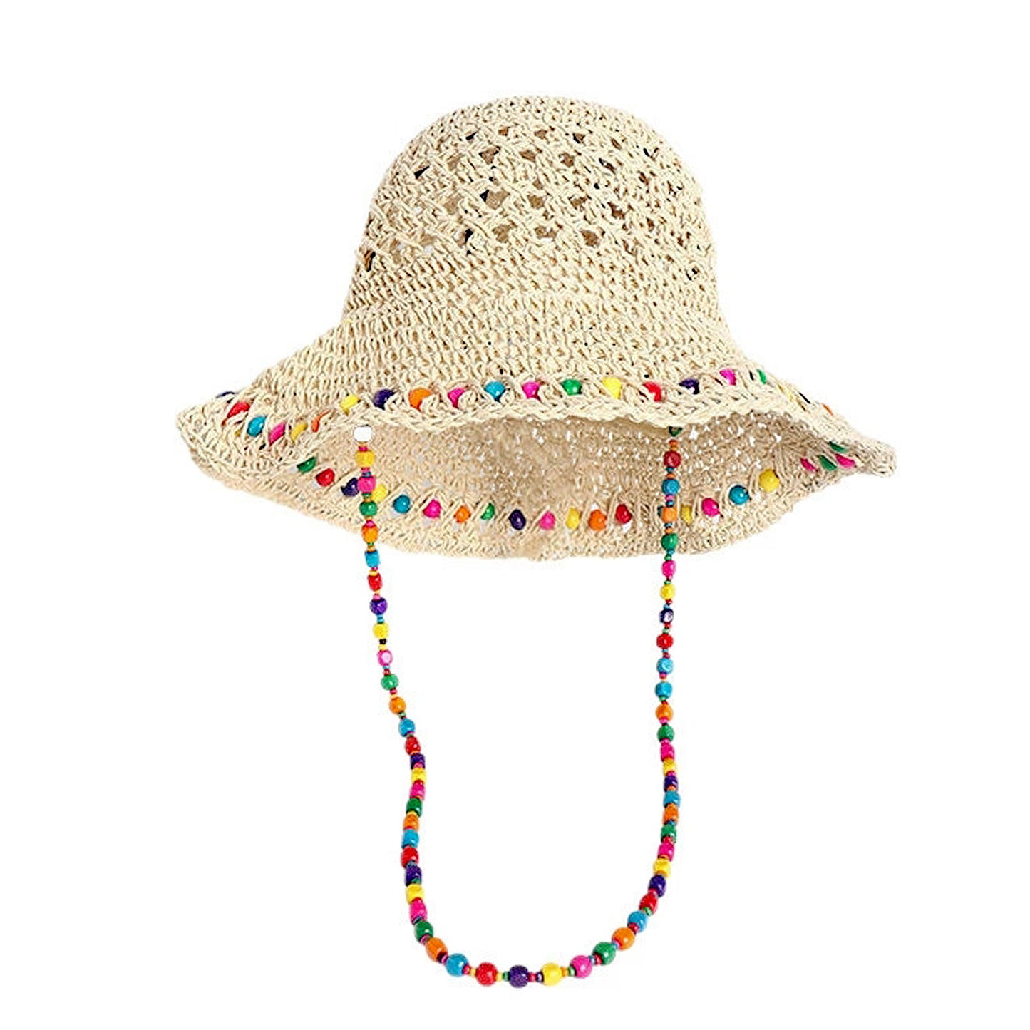 Crochet Bucket Hat with Colorful Beaded Chin Strap Lightweight Summer Sun Hat