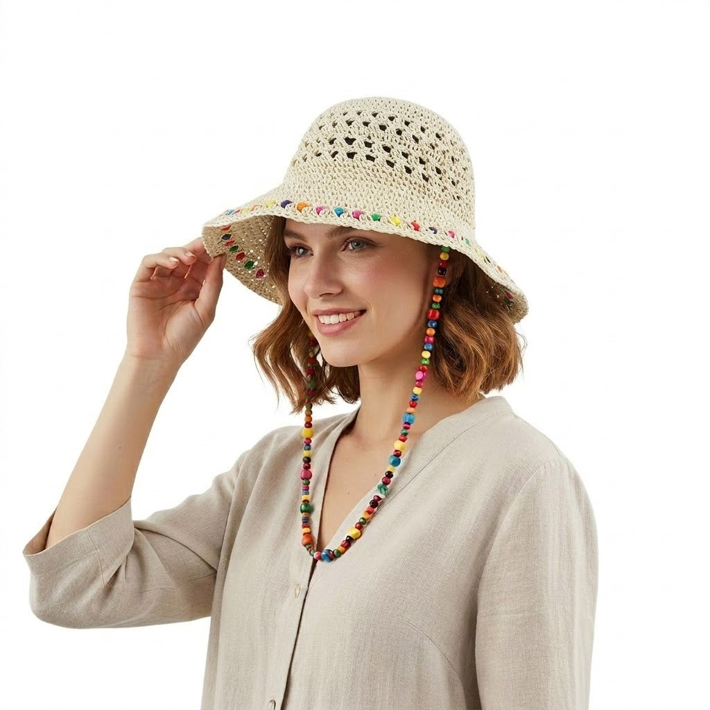 Crochet Bucket Hat with Colorful Beaded Chin Strap Lightweight Summer Sun Hat
