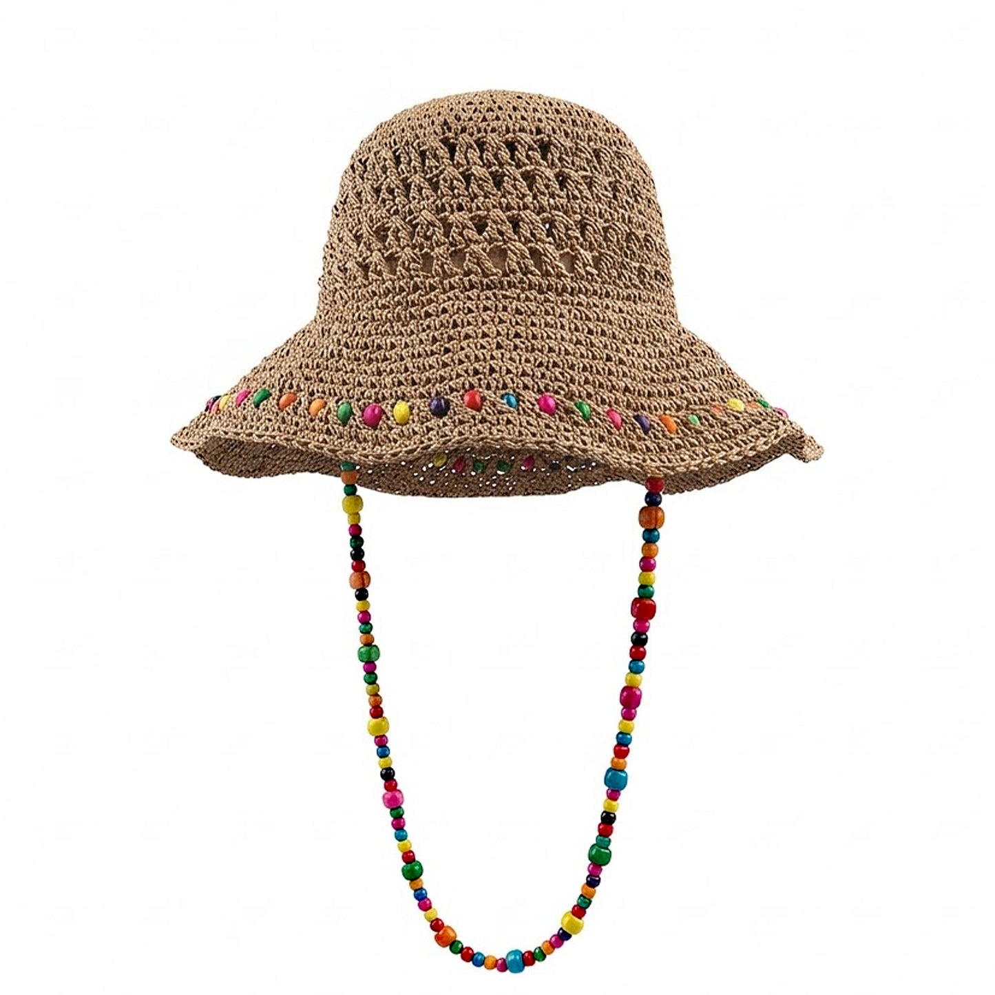 Crochet Bucket Hat with Colorful Beaded Chin Strap Lightweight Summer Sun Hat