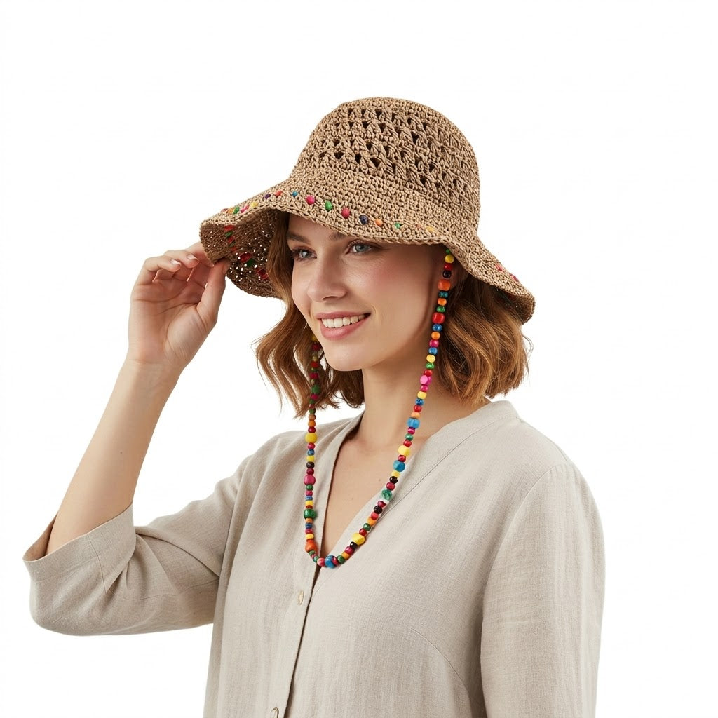 Crochet Bucket Hat with Colorful Beaded Chin Strap Lightweight Summer Sun Hat