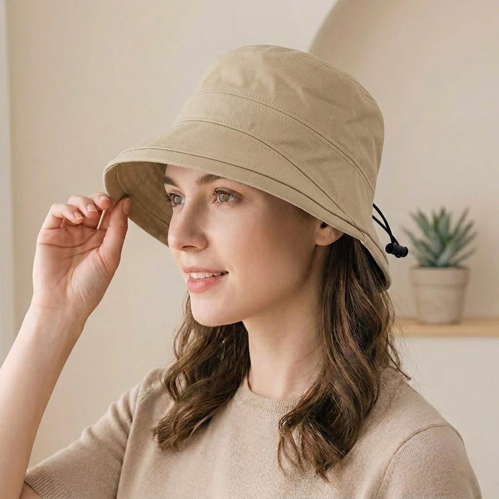 Cotton Bucket Hat Lightweight Sun Hat with Adjustable Drawstring Wide Brim