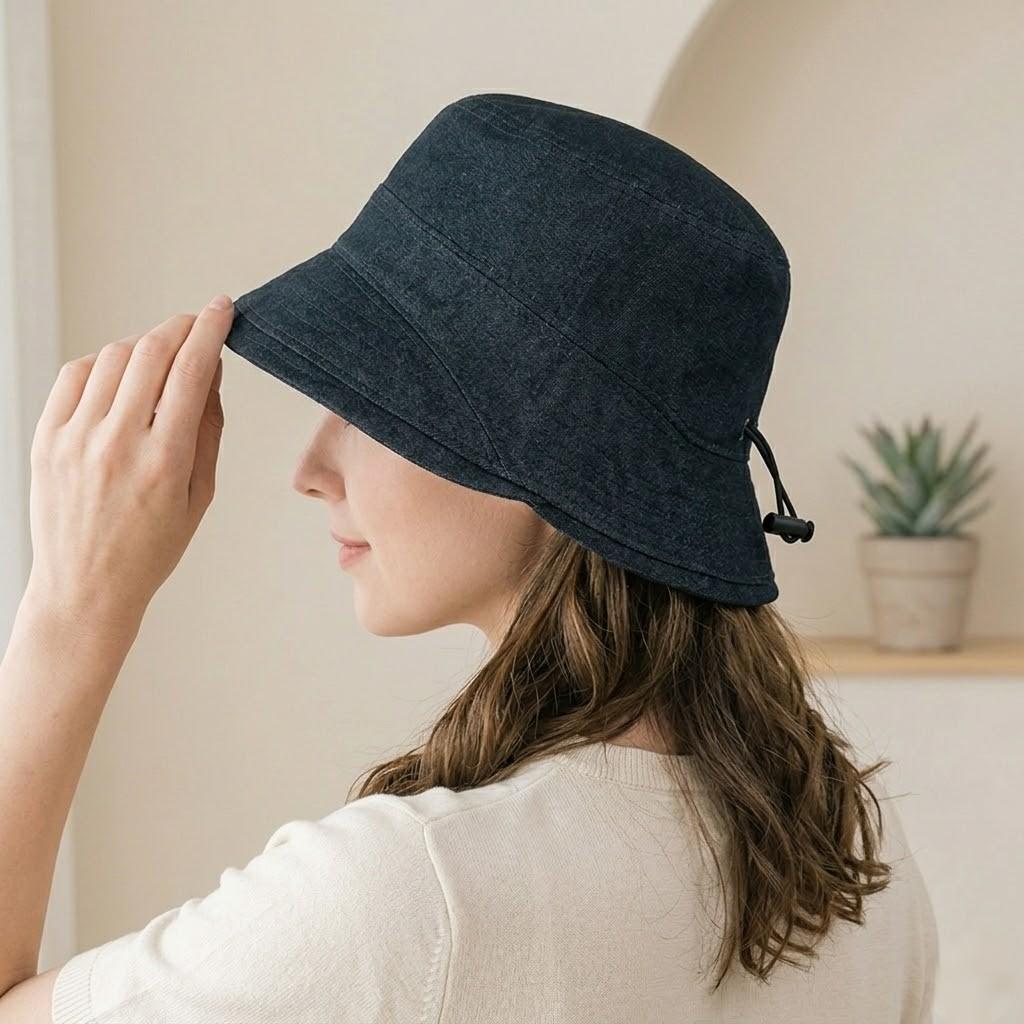 Cotton Bucket Hat Lightweight Sun Hat with Adjustable Drawstring Wide Brim