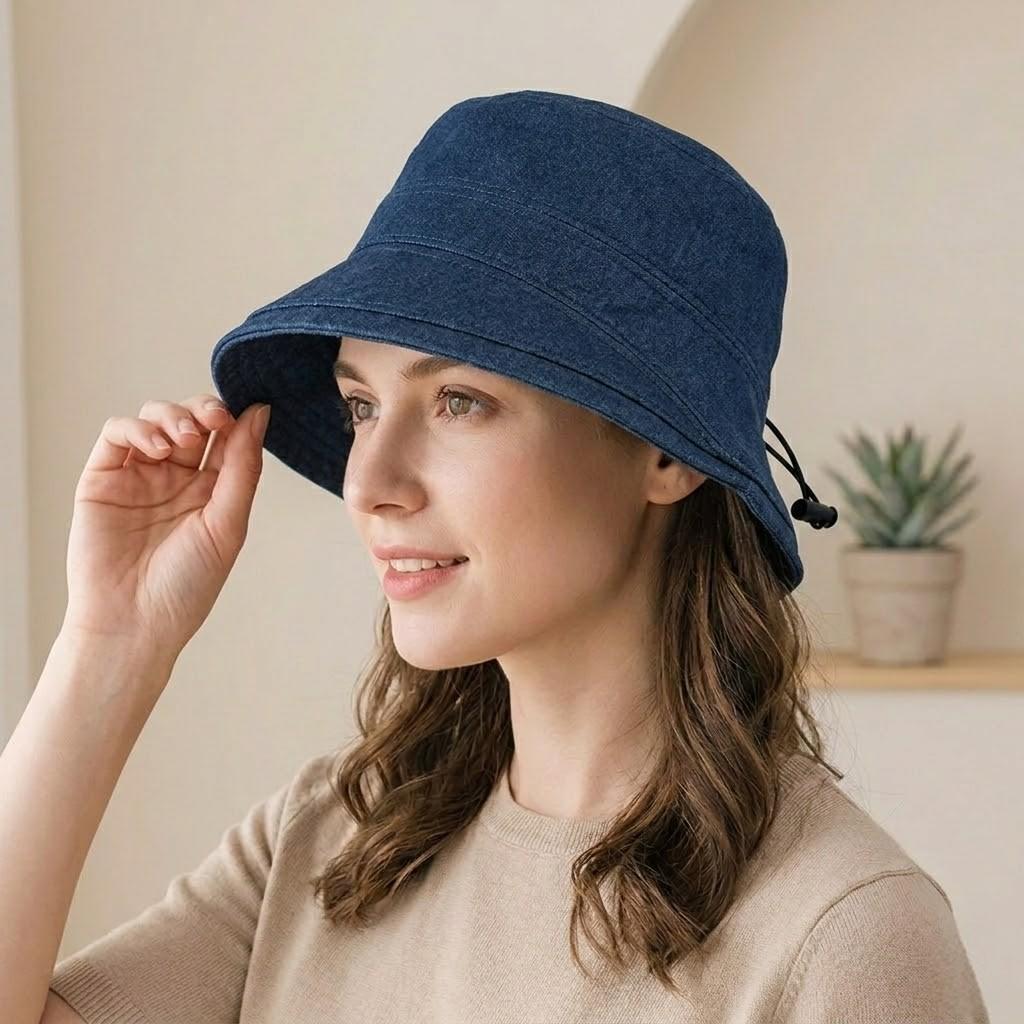 Cotton Bucket Hat Lightweight Sun Hat with Adjustable Drawstring Wide Brim