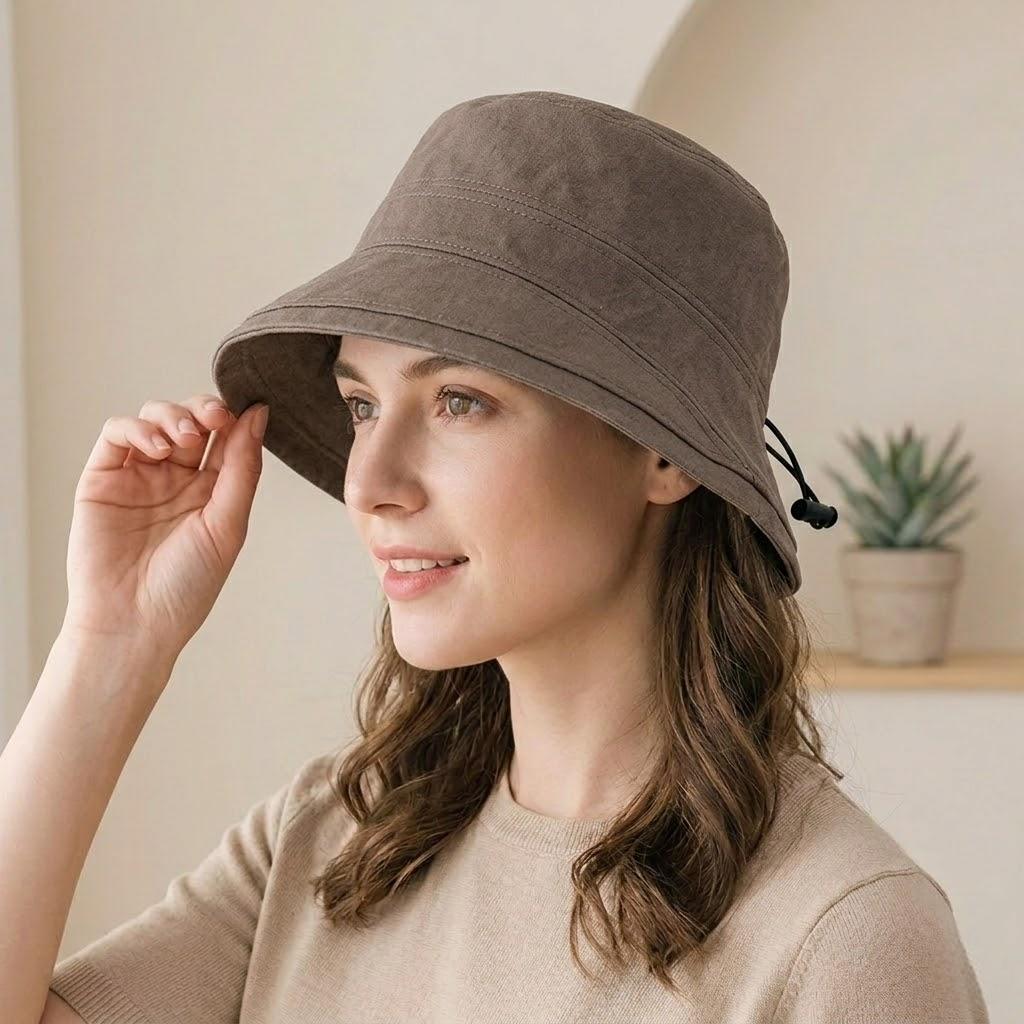 Cotton Bucket Hat Lightweight Sun Hat with Adjustable Drawstring Wide Brim