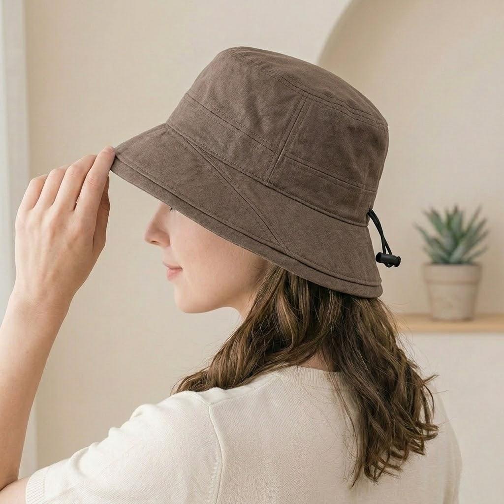 Cotton Bucket Hat Lightweight Sun Hat with Adjustable Drawstring Wide Brim