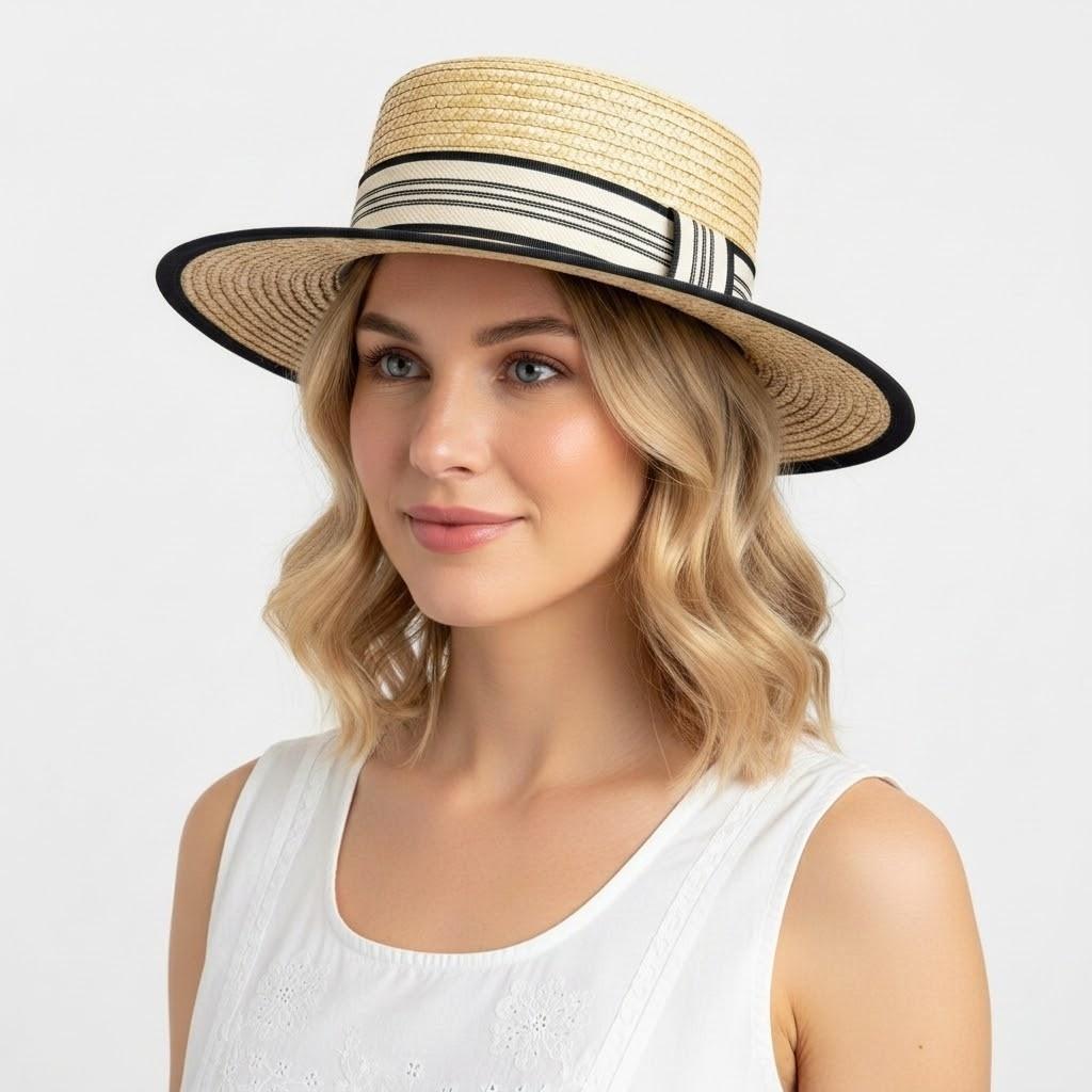 Straw Boater Hat Wide Brim Summer Sun Hat with Striped Band Trim