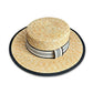 Straw Boater Hat Wide Brim Summer Sun Hat with Striped Band Trim
