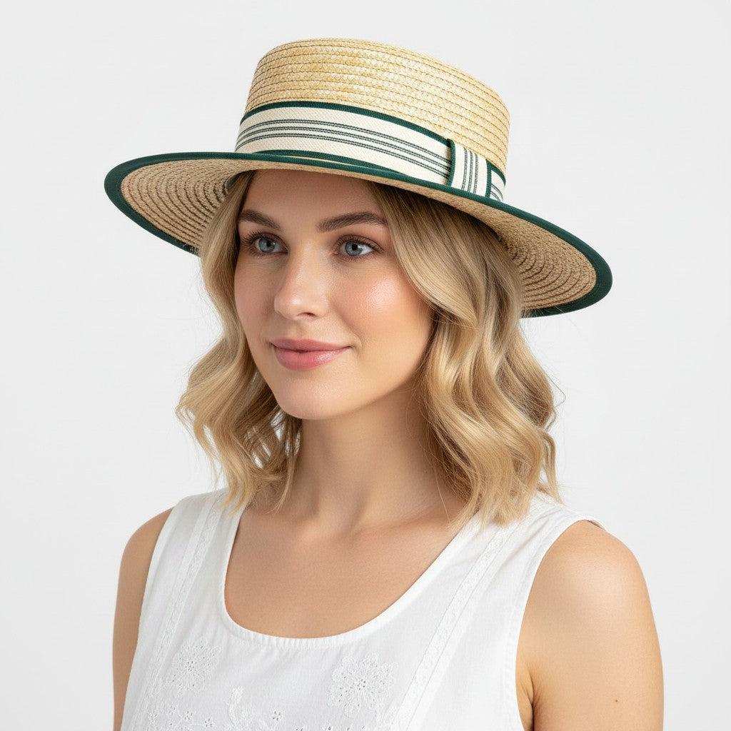 Straw Boater Hat Wide Brim Summer Sun Hat with Striped Band Trim