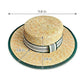 Straw Boater Hat Wide Brim Summer Sun Hat with Striped Band Trim