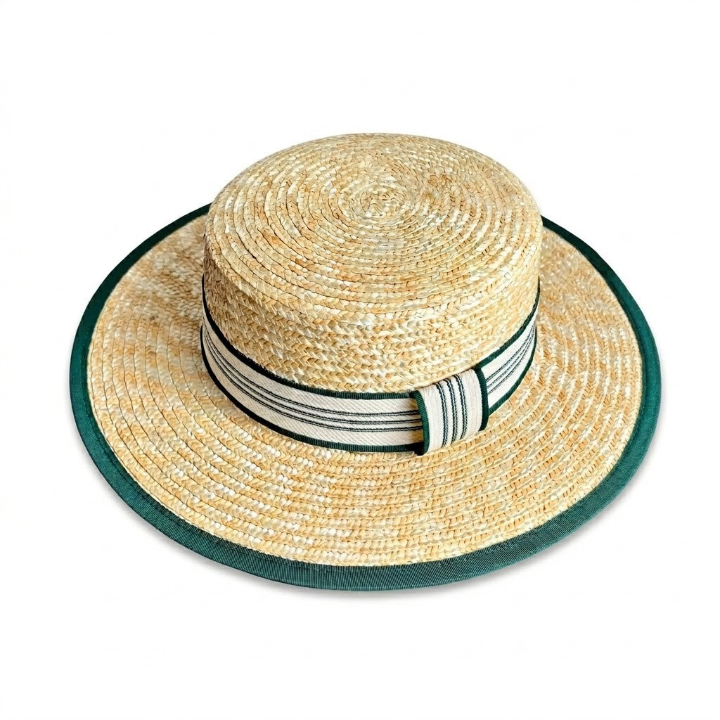 Straw Boater Hat Wide Brim Summer Sun Hat with Striped Band Trim