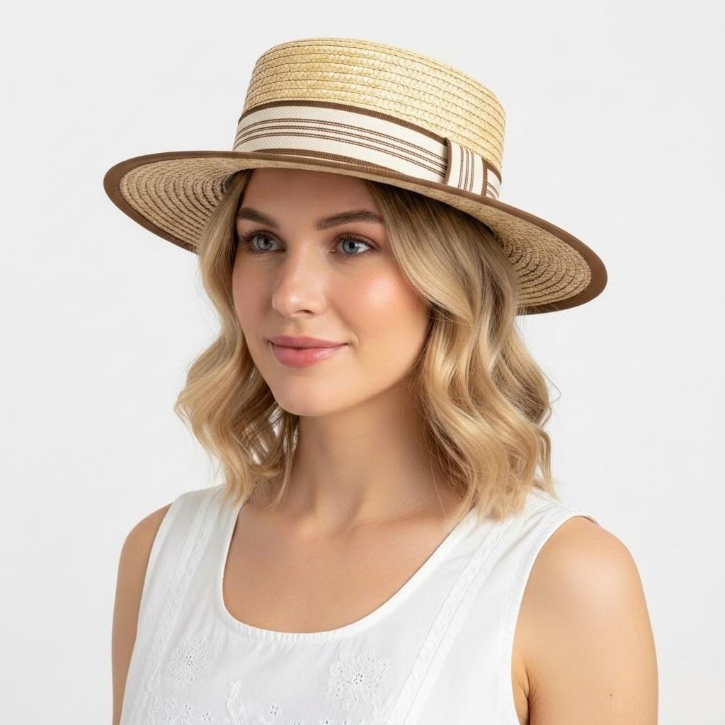 Straw Boater Hat Wide Brim Summer Sun Hat with Striped Band Trim