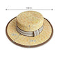 Straw Boater Hat Wide Brim Summer Sun Hat with Striped Band Trim