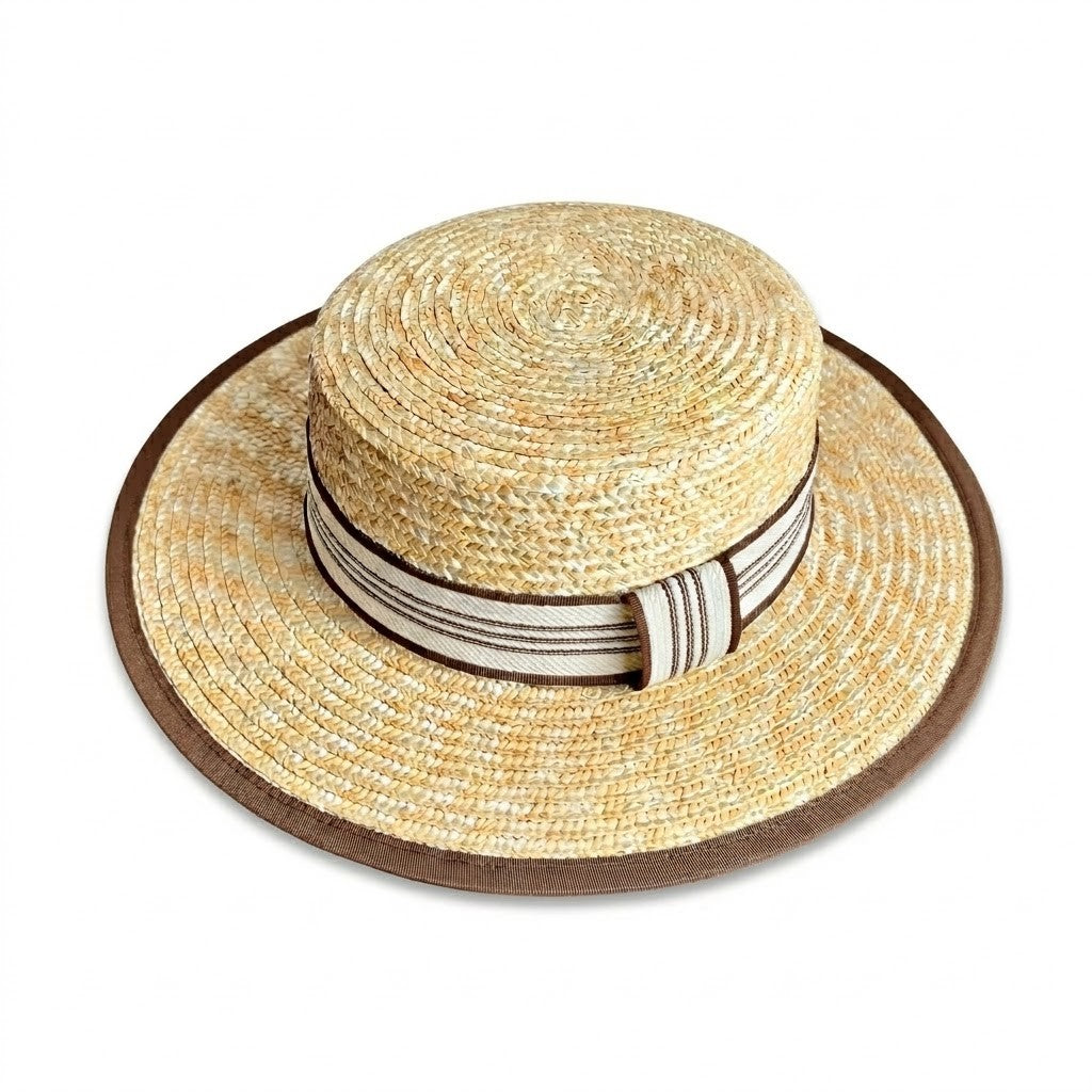Straw Boater Hat Wide Brim Summer Sun Hat with Striped Band Trim