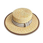 Straw Boater Hat Wide Brim Summer Sun Hat with Striped Band Trim