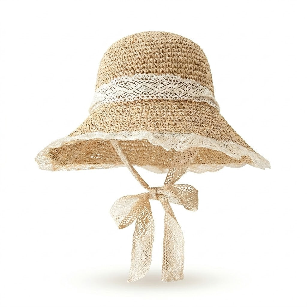 Wide Brim Straw Sun Hat with Lace Trim & Tie, UV Protection Summer Beach Hat