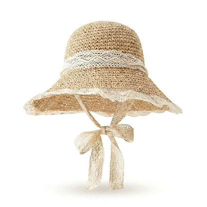 Wide Brim Straw Sun Hat with Lace Trim & Tie, UV Protection Summer Beach Hat