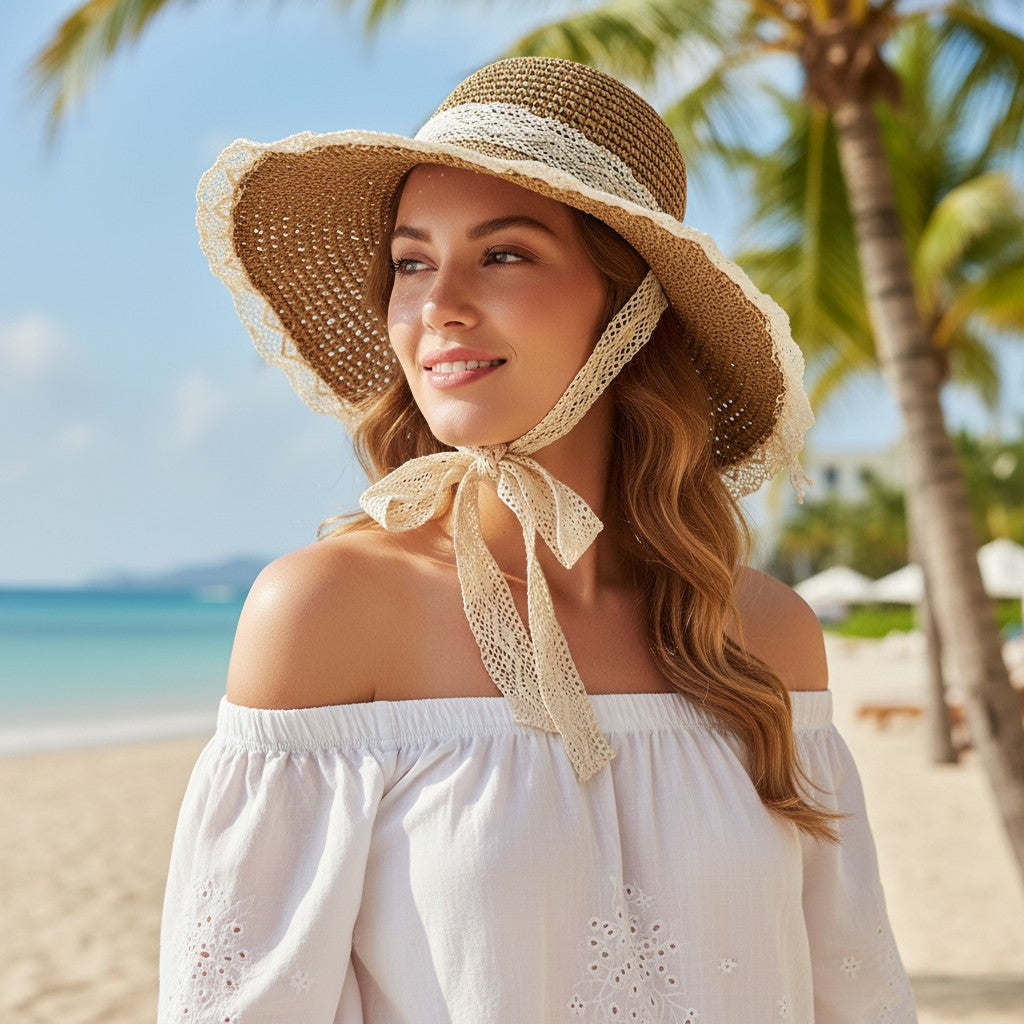 Wide Brim Straw Sun Hat with Lace Trim & Tie, UV Protection Summer Beach Hat
