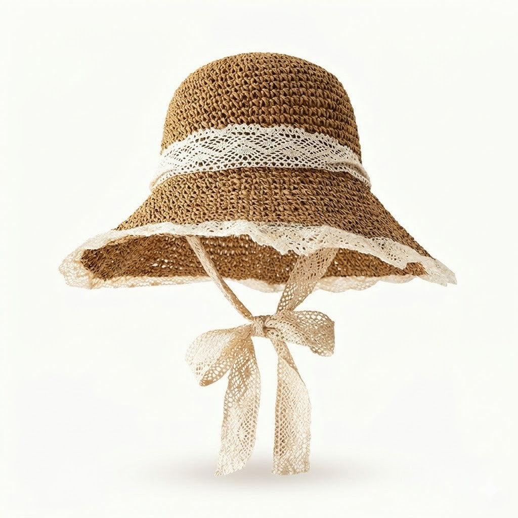 Wide Brim Straw Sun Hat with Lace Trim & Tie, UV Protection Summer Beach Hat