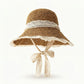 Wide Brim Straw Sun Hat with Lace Trim & Tie, UV Protection Summer Beach Hat