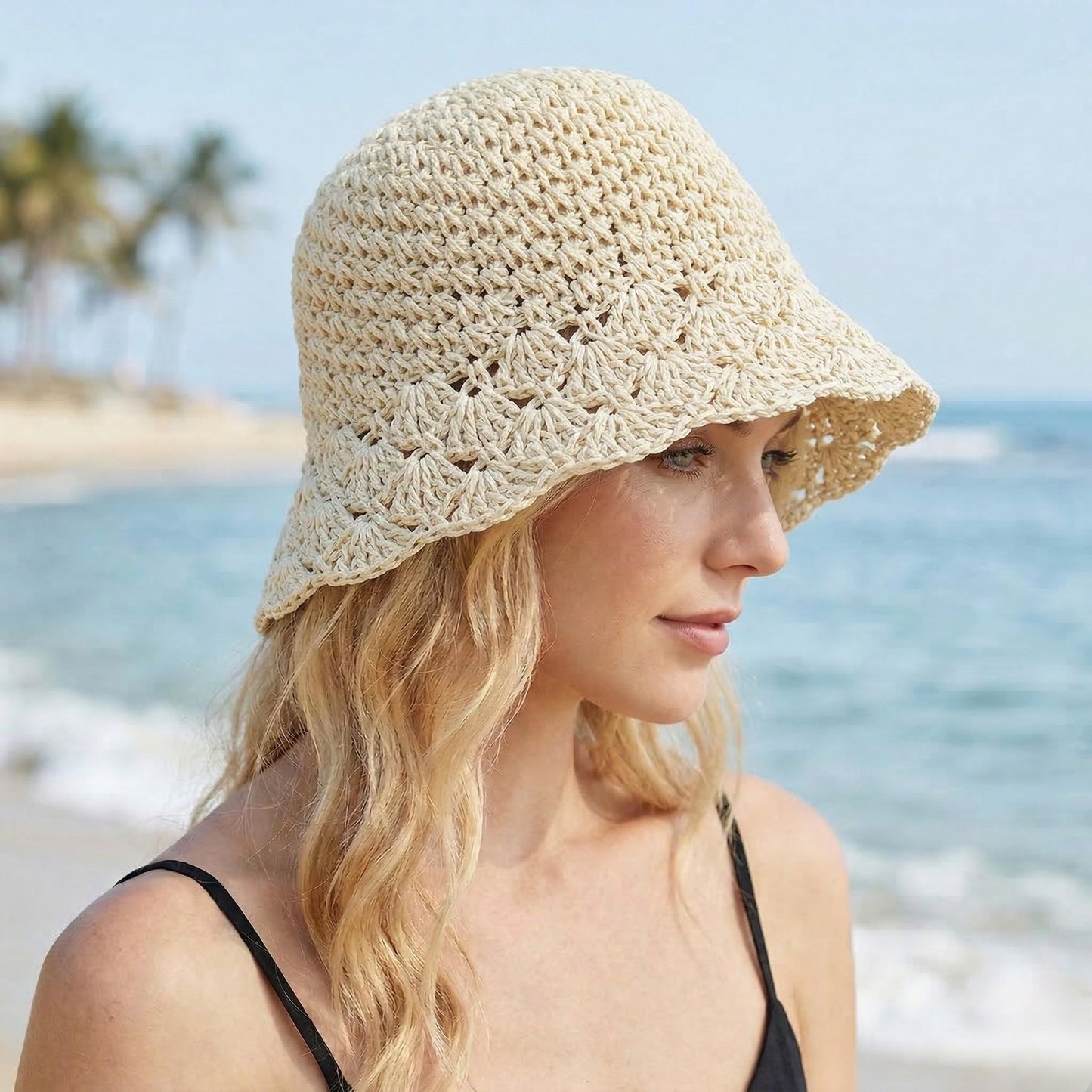 Crochet Bucket Hat Lightweight Breathable Summer Sun Hat Wide Brim Beach Hat