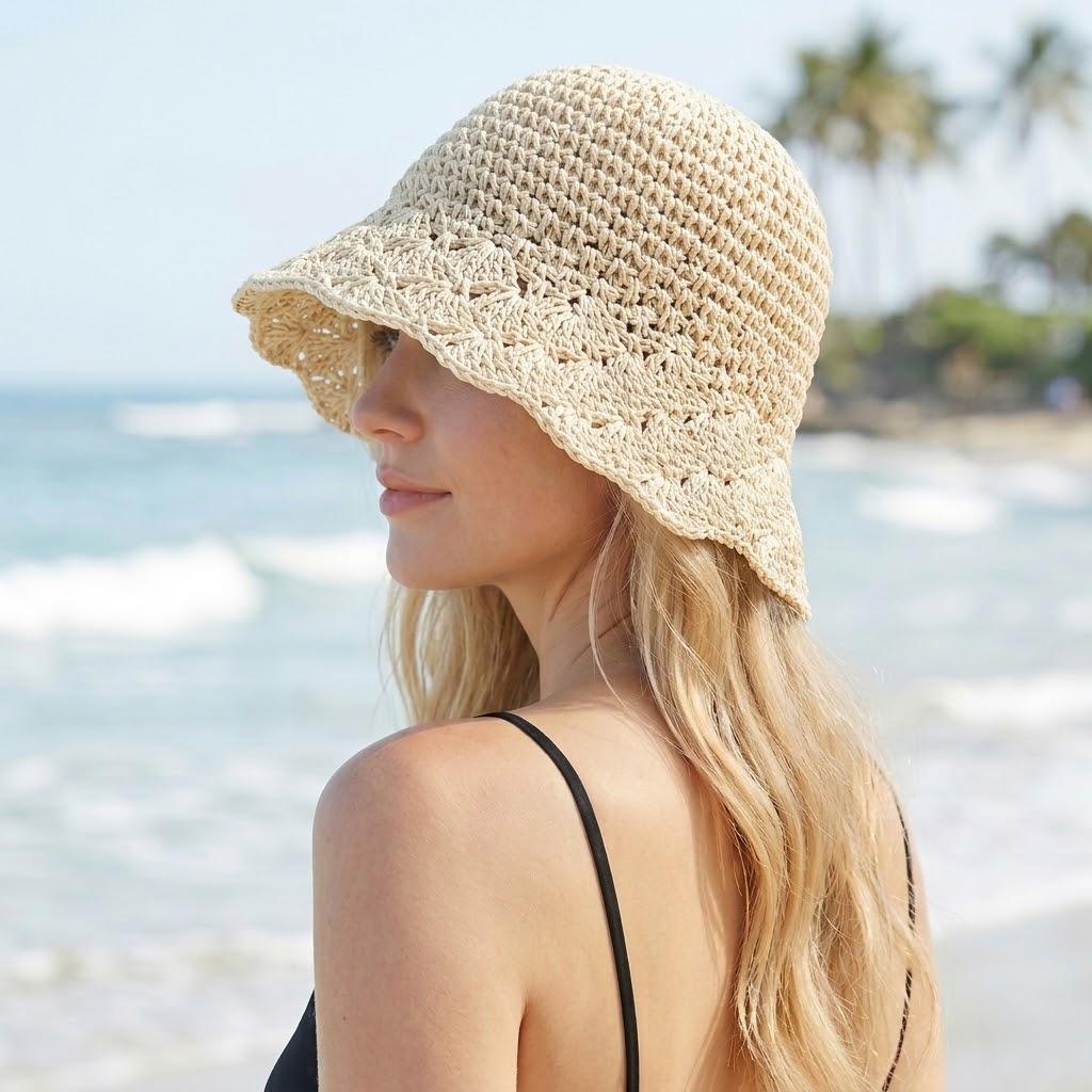 Crochet Bucket Hat Lightweight Breathable Summer Sun Hat Wide Brim Beach Hat