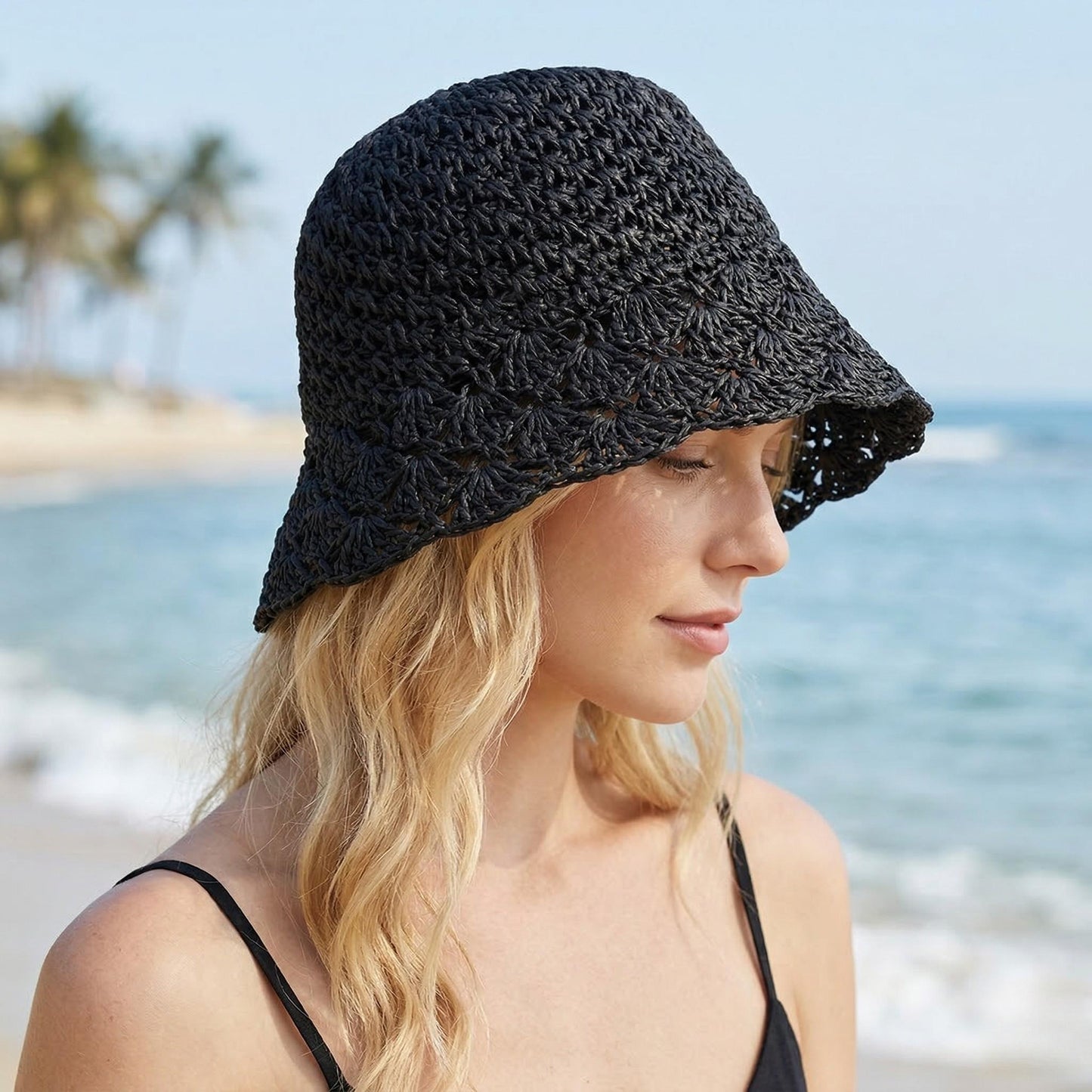 Crochet Bucket Hat Lightweight Breathable Summer Sun Hat Wide Brim Beach Hat