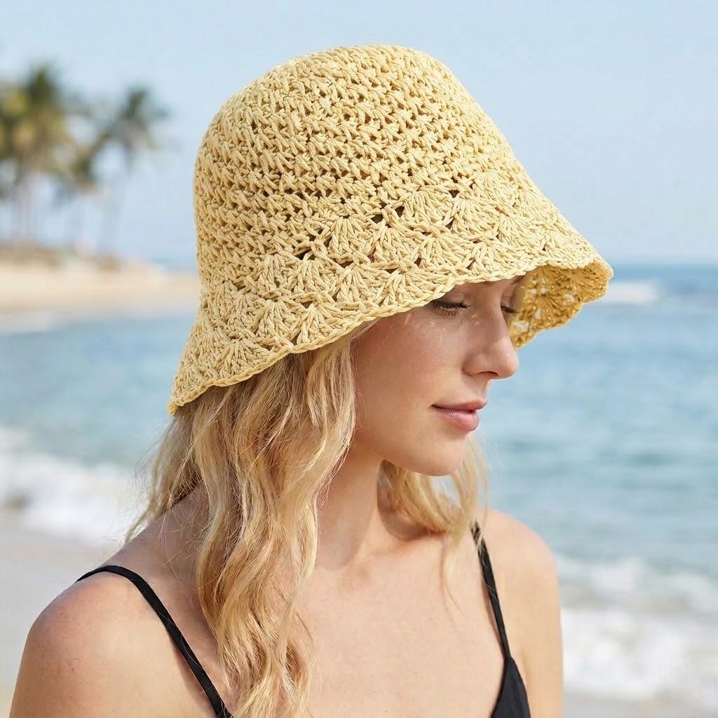 Crochet Bucket Hat Lightweight Breathable Summer Sun Hat Wide Brim Beach Hat
