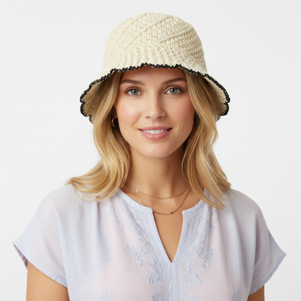 Crochet Straw Bucket Hat Scalloped Edge Wide Brim Summer Sun Hat