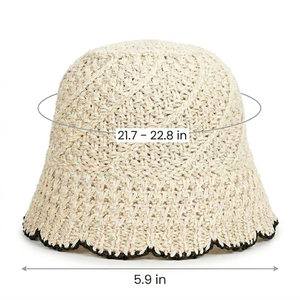 Crochet Straw Bucket Hat Scalloped Edge Wide Brim Summer Sun Hat