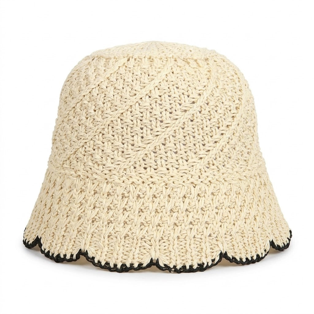 Crochet Straw Bucket Hat Scalloped Edge Wide Brim Summer Sun Hat