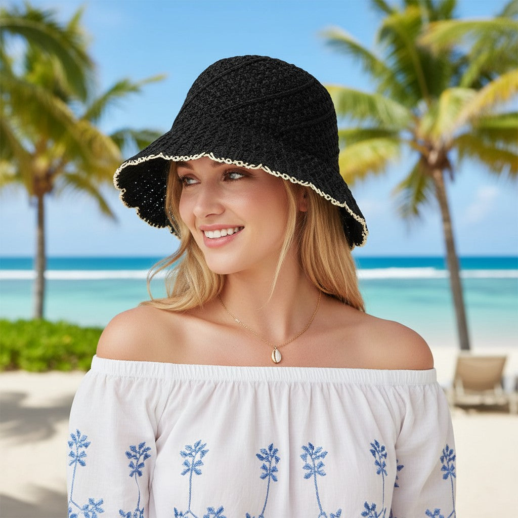 Crochet Straw Bucket Hat Scalloped Edge Wide Brim Summer Sun Hat